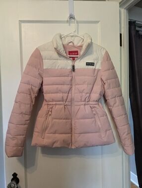 GUESS Apres Ski Puffer Jacket Rose Pink Ivory Small NWT